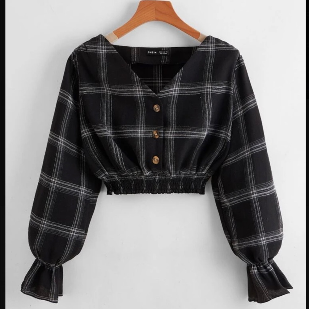 Button Front Bell Sleeve Plaid Top
